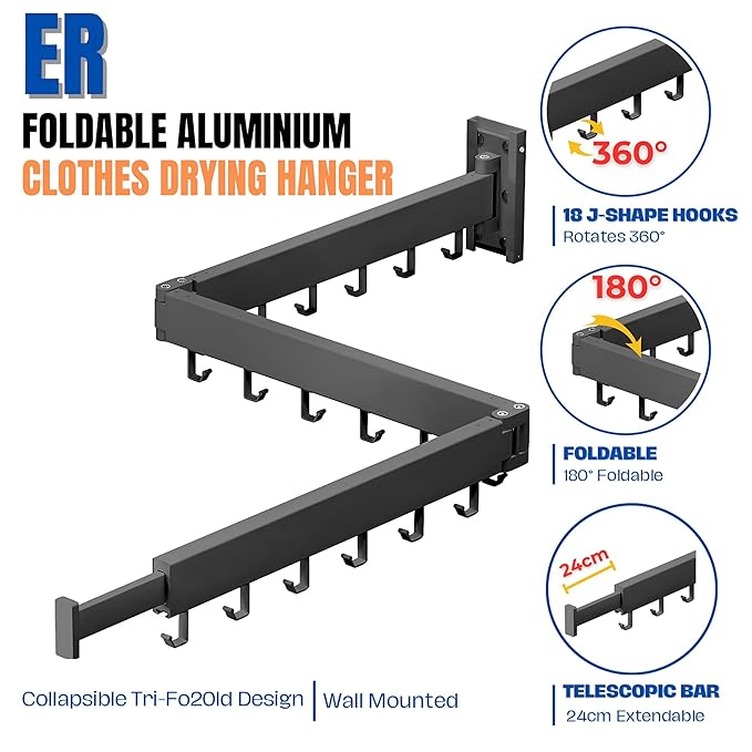 ER Wall Mounted Foldable Aluminium Clothes Drying Rack | for Balcony,Bedroom,Bathroom,Wardrobe etc | Indoor/Outdoor Cloth Drying Stand | Collapsible | 18 J Hooks