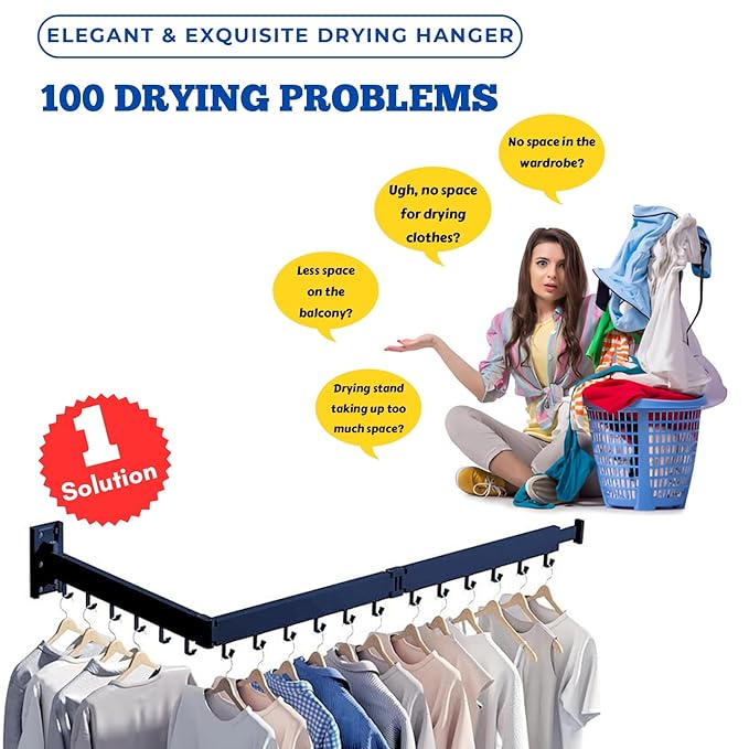 ER Wall Mounted Foldable Aluminium Clothes Drying Rack | for Balcony,Bedroom,Bathroom,Wardrobe etc | Indoor/Outdoor Cloth Drying Stand | Collapsible | 18 J Hooks