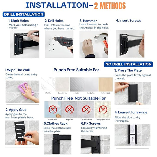 ER Wall Mounted Foldable Aluminium Clothes Drying Rack | for Balcony,Bedroom,Bathroom,Wardrobe etc | Indoor/Outdoor Cloth Drying Stand | Collapsible | 18 J Hooks