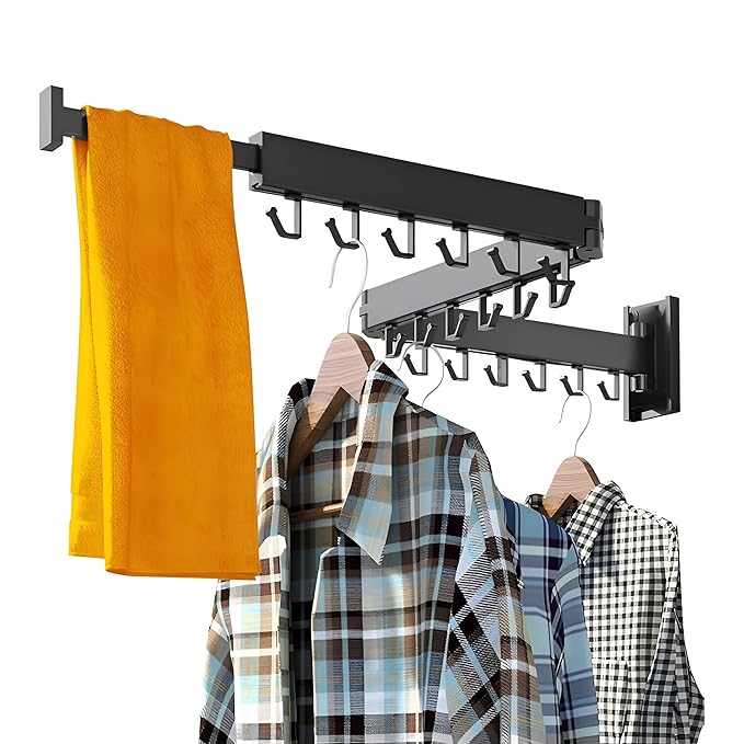 ER Wall Mounted Foldable Aluminium Clothes Drying Rack | for Balcony,Bedroom,Bathroom,Wardrobe etc | Indoor/Outdoor Cloth Drying Stand | Collapsible | 18 J Hooks