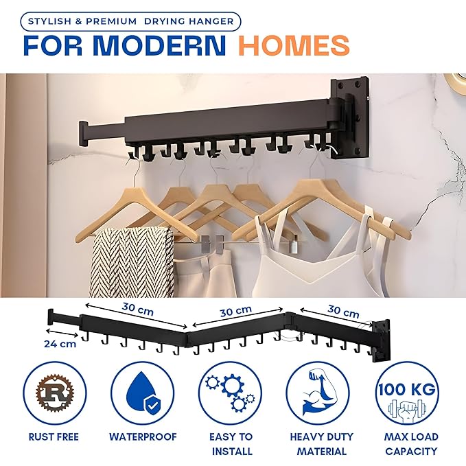 ER Wall Mounted Foldable Aluminium Clothes Drying Rack | for Balcony,Bedroom,Bathroom,Wardrobe etc | Indoor/Outdoor Cloth Drying Stand | Collapsible | 18 J Hooks