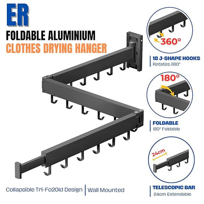 ER Wall Mounted Foldable Aluminium Clothes Drying Rack | for Balcony,Bedroom,Bathroom,Wardrobe etc | Indoor/Outdoor Cloth Drying Stand | Collapsible | 18 J Hooks