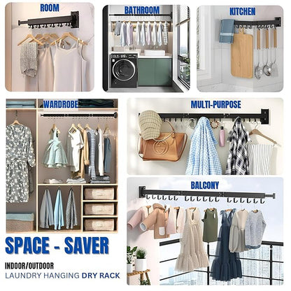 ER Wall Mounted Foldable Aluminium Clothes Drying Rack | for Balcony,Bedroom,Bathroom,Wardrobe etc | Indoor/Outdoor Cloth Drying Stand | Collapsible | 18 J Hooks