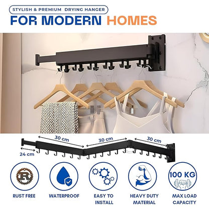 ER Wall Mounted Foldable Aluminium Clothes Drying Rack | for Balcony,Bedroom,Bathroom,Wardrobe etc | Indoor/Outdoor Cloth Drying Stand | Collapsible | 18 J Hooks